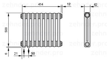 Схема (чертеж) Радиатор Zehnder Charleston 2050/9 №3370 Белый глянцевый RAL 9016
